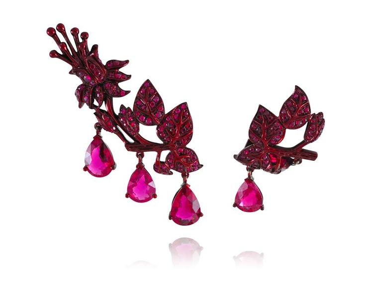 Lydia Courteille mismatched ear climbers adorned with rubies and tourmalines from the new Scarlett Empress collection.